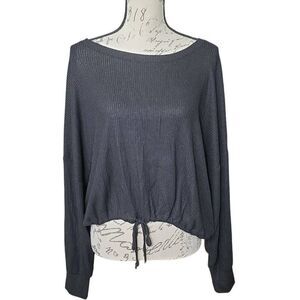 Express Women's Size Large Black Ribbed Tie Bottom Long Sleeve Cozy Top